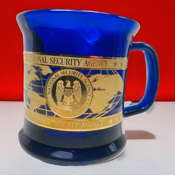 National Security Agency Cobalt Blue Glass Mug Gold Embellishment 12 Ounces Cup - Picture 1 of 12